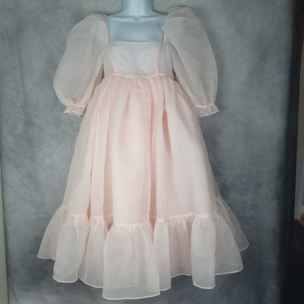 Selkie Puff Dress Womens Small Pink Sheer Organza Long Ruffle Sleeve Cottagecore